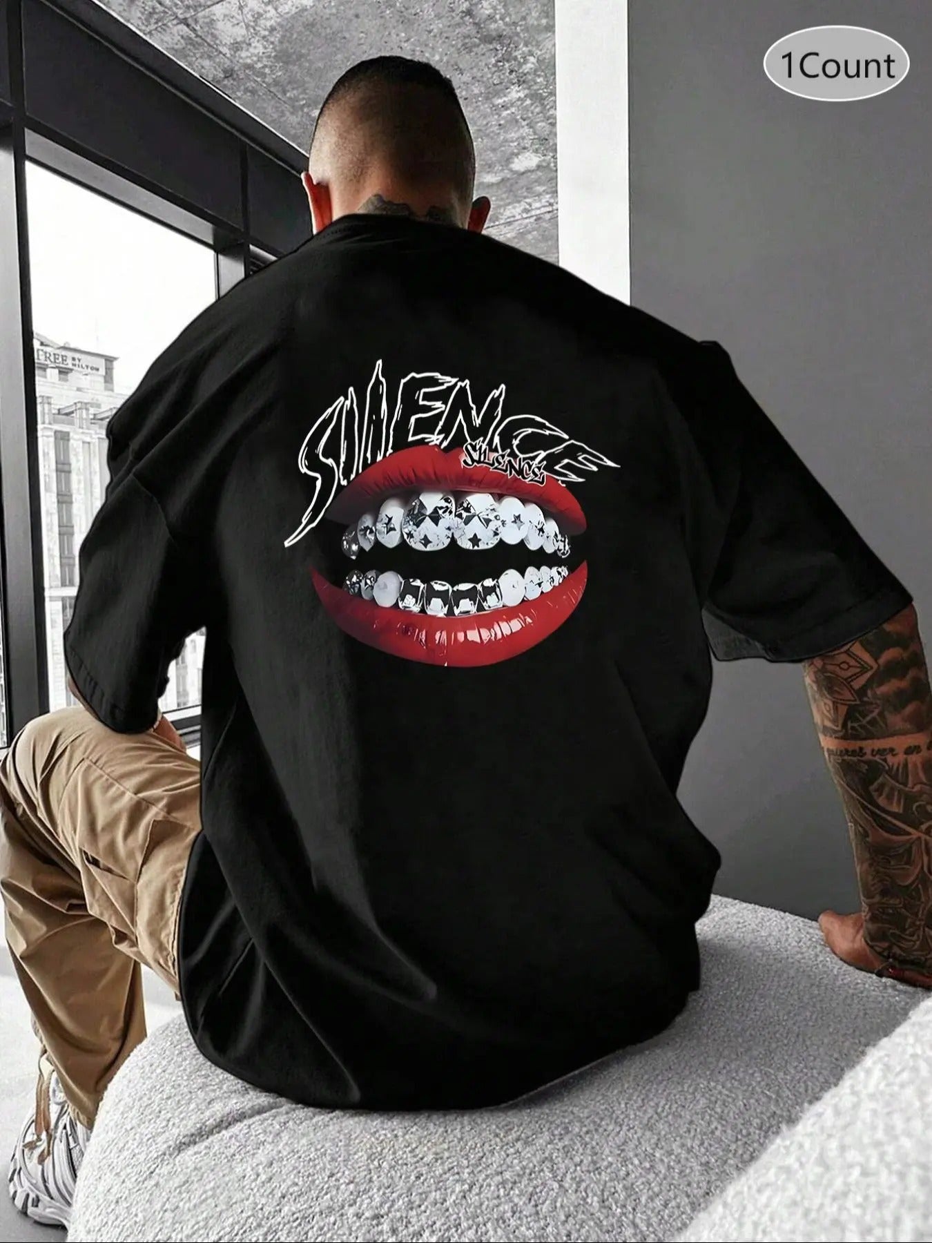 Unisex Men's Letter & Mouth Print Drop Shoulder Tee, Loose Street Fashion Soft Comfy Half Sleeve Round Neck T-shirt for...