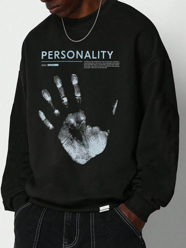 Unisex Men's Letter & Palm Print Drop Shoulder Sweatshirt, Regular Fit Street Casual Soft Comfy Long Sleeve Round Neck...