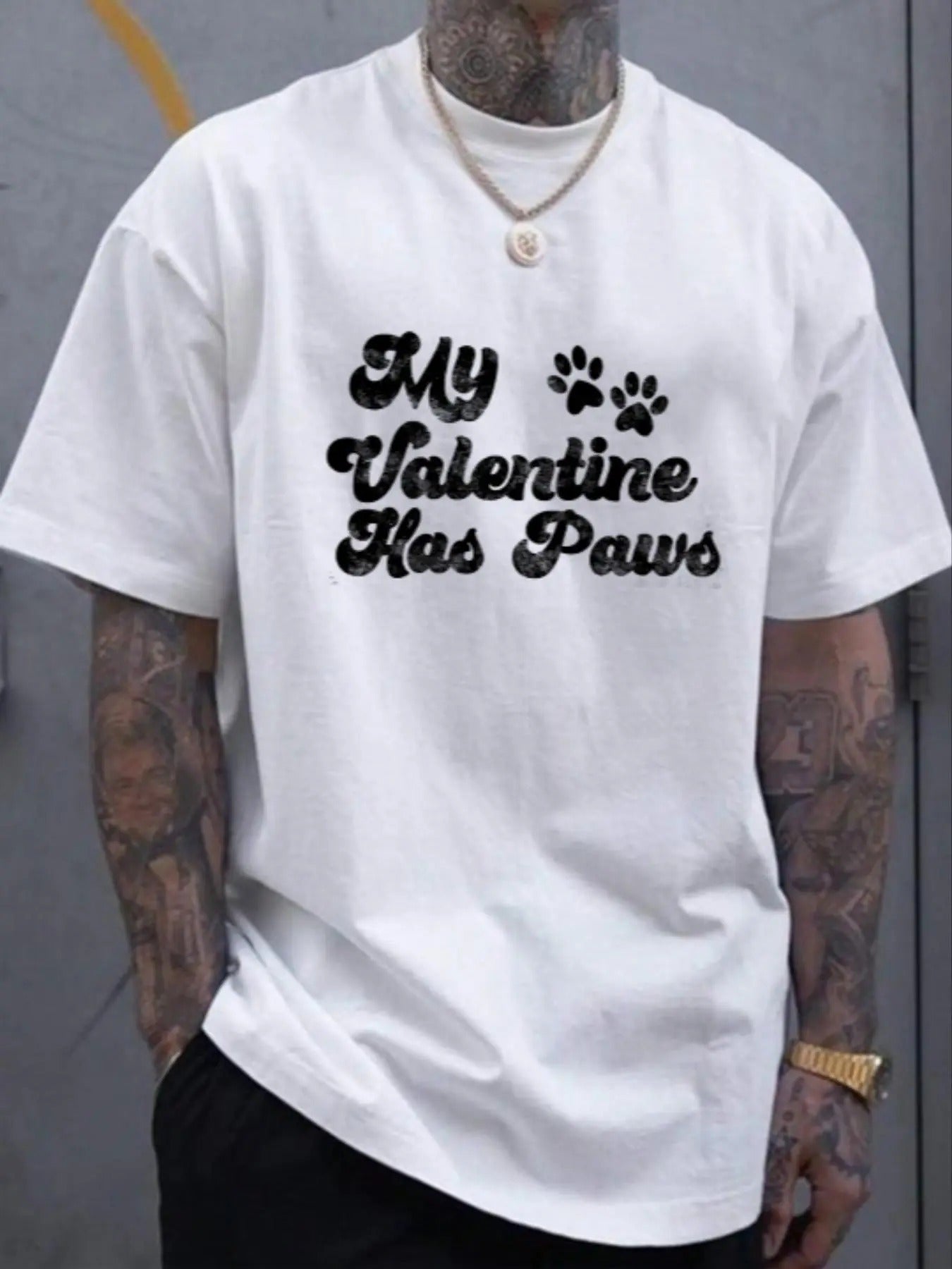 Unisex Men's Letter & Paw Print Round Neck Tee, Regular Fit Casual Short Sleeve Crew Neck T-shirt for Daily Wear, Men's...
