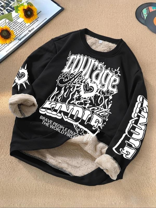 Unisex Men's Letter & Pop Art Print Thermal Lined Sweatshirt, Regular Fit Casual Soft Comfy Long Sleeve Round Neck...