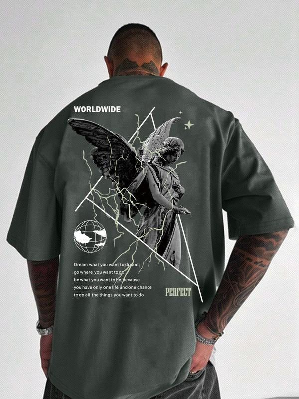 Unisex Men's Letter & Sculpture Print Drop Shoulder Tee, Loose Crew Neck Half Sleeve T-shirt for Men, Casual Comfy...