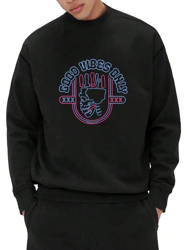 Unisex Men's Letter & Skull Print Drop Shoulder Sweatshirt, Regular Fit Casual Soft Comfy Long Sleeve Round Neck Pullover...