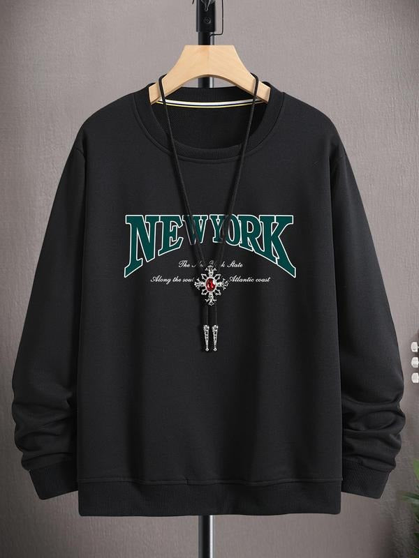 Unisex Men's Letter Graphic Drop Shoulder Essentials Sweatshirt Without Necklace, Black Crew Neck Pullover Tops for Daily...