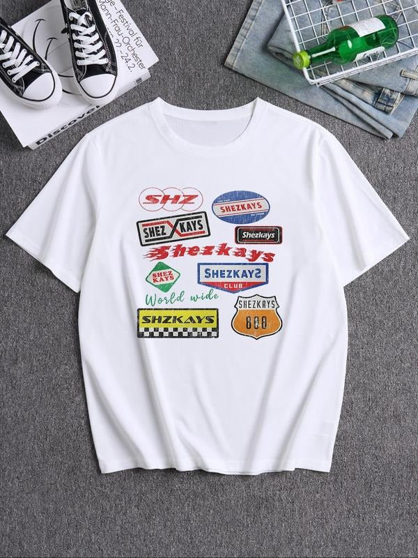 Unisex Men's Letter Graphic Print Round Neck Tee, Loose Casual Short Sleeve T-shirt, Men's Top for Summer Hoodie, Sweatshirt
