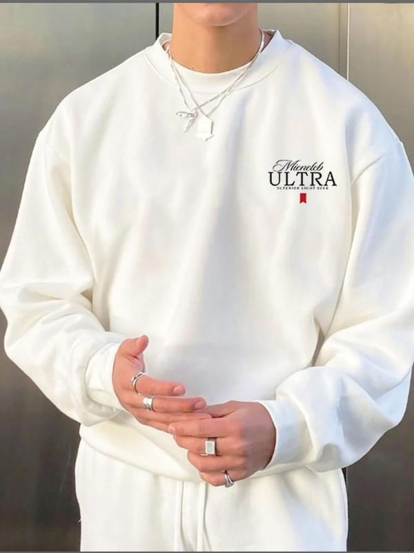 Unisex Men's Letter Print Drop Shoulder Sweatshirt, Regular Fit Casual Soft Comfy Long Sleeve Round Neck Pullover for...