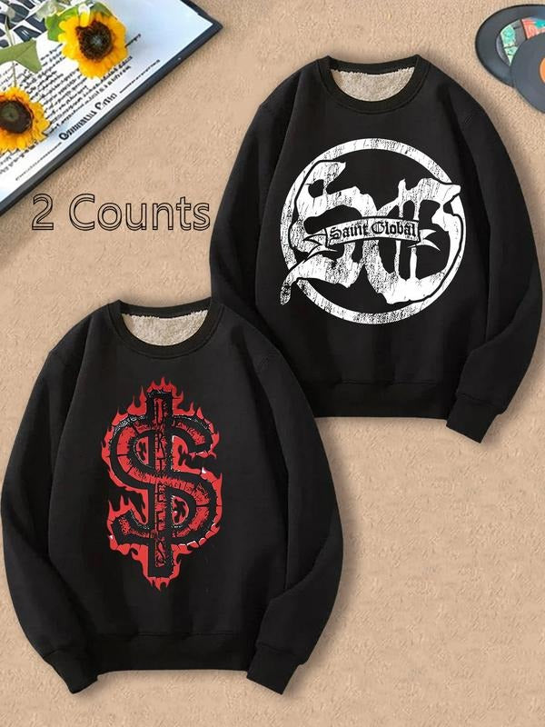 Unisex Men's Letter Print Pattern Thick Sweatshirt, Casual Regular Fit Long Sleeve Round Neck Pullover for Fall & Winter,...