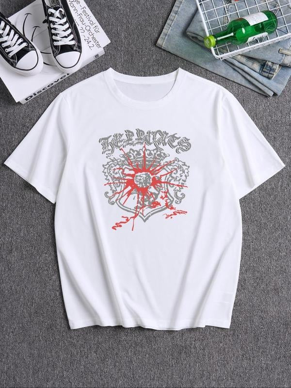 Unisex Men's Letter Print Round Neck Graphic Tee, Loose Casual Short Sleeve T-shirt for Summer, Men's Top for Daily Wear...