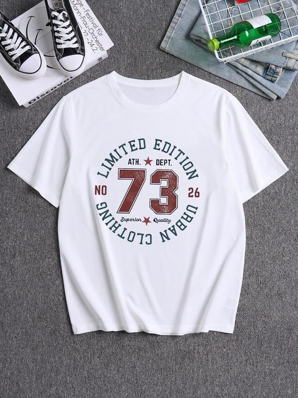 Unisex Men's Letter Print Round Neck Tee, Loose Casual Fashion Short Sleeve T-shirt for Summer, Men's Top for Daily Wear...
