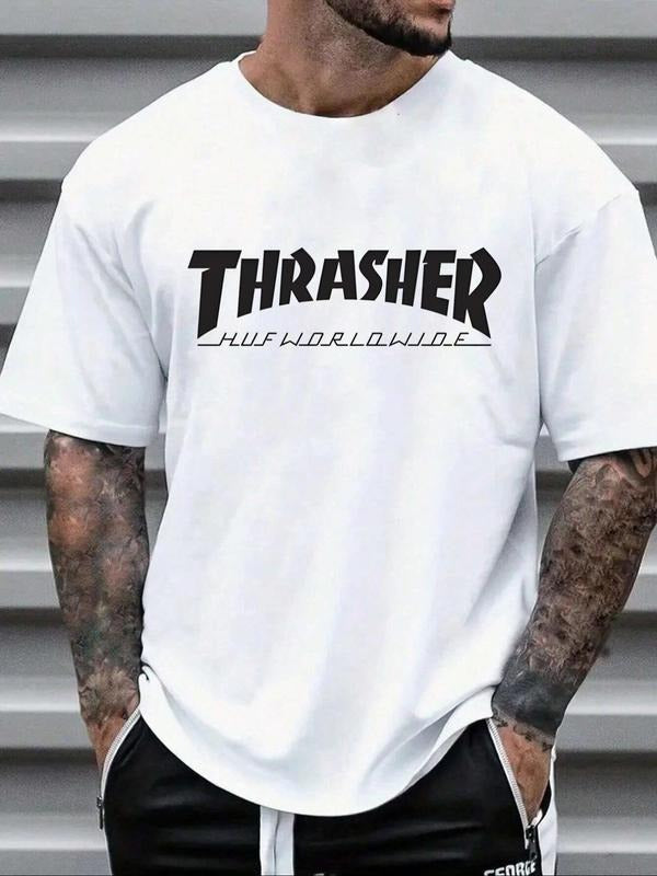 Unisex Men's Letter Print Round Neck Tee, Loose Casual Short Sleeve Crew Neck T-shirt for Summer, Fashion Men's Top for...