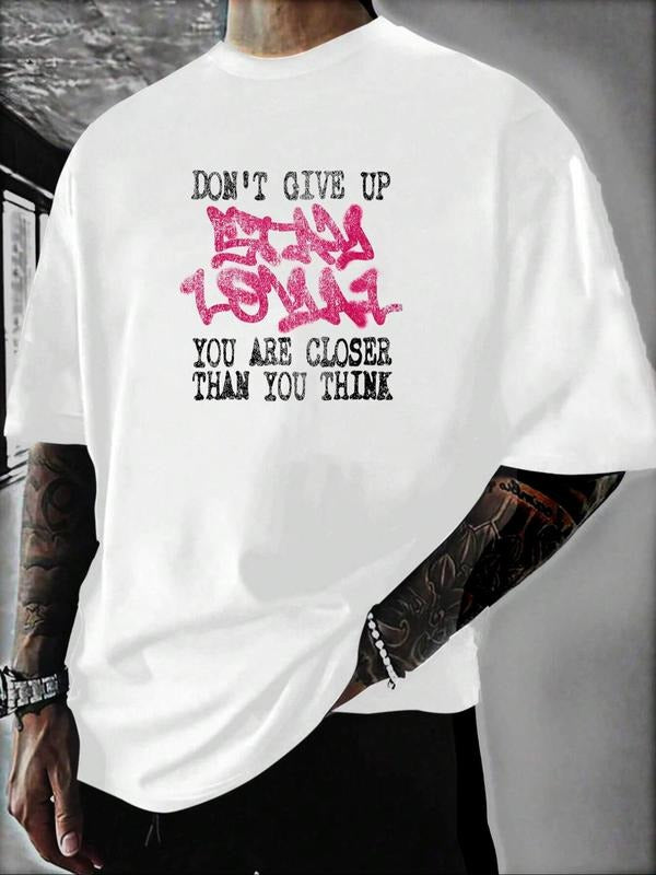 Unisex Men's Letter Print Round Neck Tee, Loose Street Fashion Casual Soft Comfy Short Sleeve T-shirt for Daily Wear,...