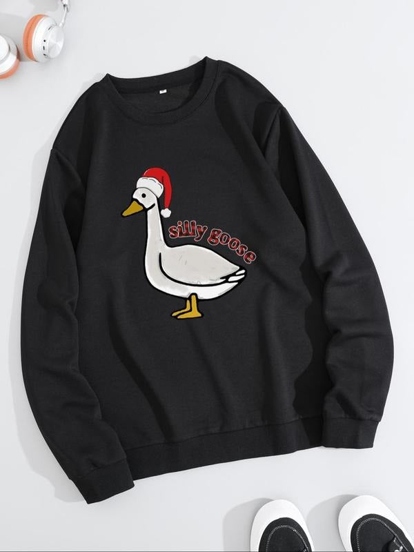 Unisex Men's Loose Cartoon Goose Print Drop Shoulder Pullover, Fashion Casual Letter Graphic Crewneck Essentials...