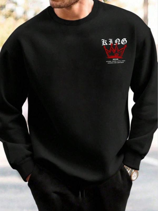 Unisex Men's Loose Crown & Letter Print Round Neck Sweatshirt, Casual Long Sleeve Crew Neck Pullover for Fall & Winter,...