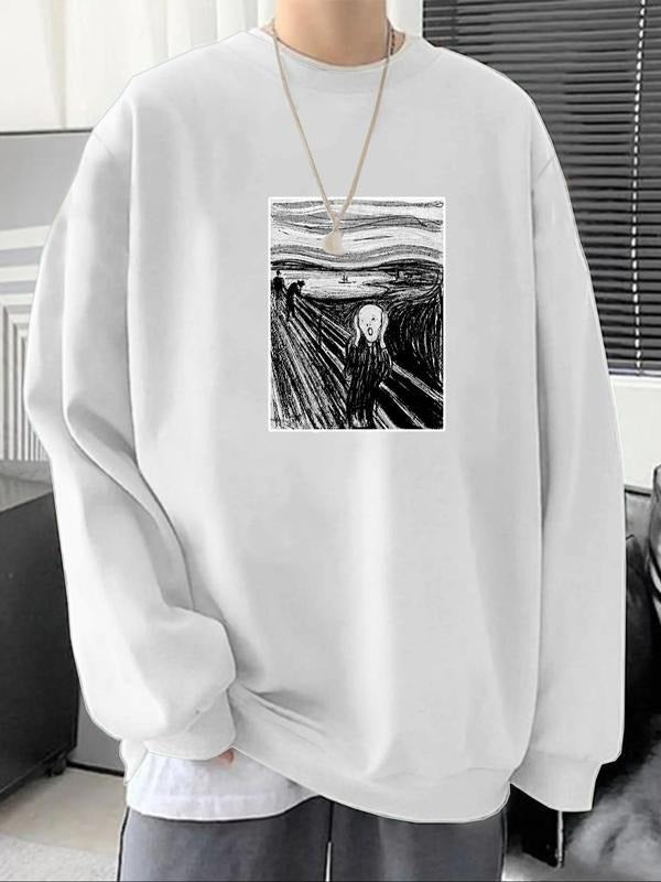 Unisex Men's Loose Round Neck Graphic Sweatshirt, Casual Drop Shoulder Long Sleeve Pullover, Men's Tops for Fall & Winter...