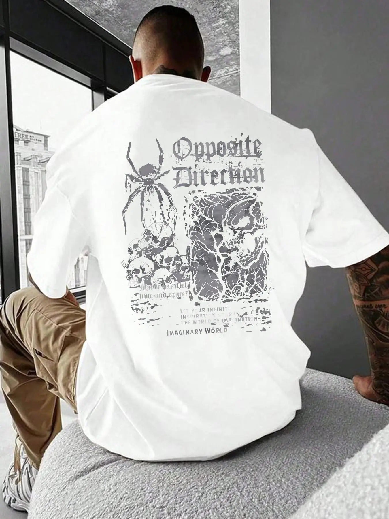Unisex Men's Loose Spider & Letter Print Drop Shoulder Graphic Tee, Street Fashion Casual Skull Graphic Half Sleeve Round...
