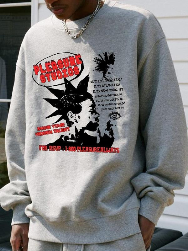 Unisex Men's Regular Fit Cartoon Graphic Print Drop Shoulder Sweatshirt, Casual Street Long Sleeve Round Neck Pullover...