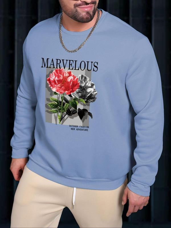 Unisex Men's Regular Fit Floral & Letter Print Round Neck Sweatshirt Without Necklace, Essentials Sweatshirt, Casual Soft...