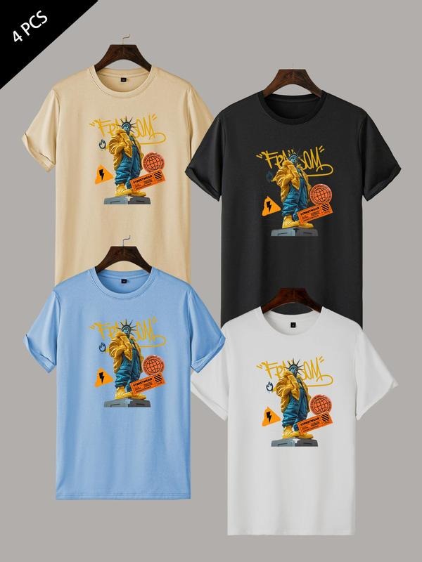 Unisex Men's Regular Fit Graphic Print Round Neck Tee, Casual Short Sleeve T-shirt for Summer, Men's Top for Daily Wear,...