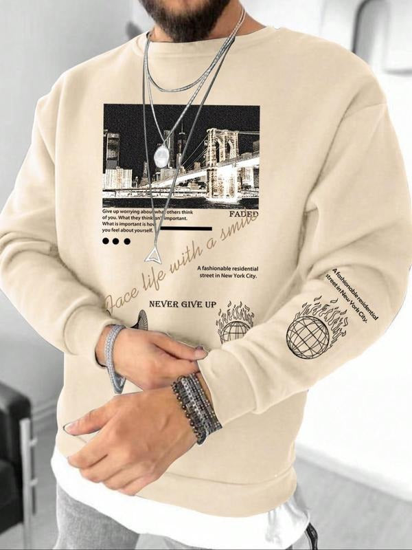 Unisex Men's Regular Fit Landscape Print Drop Shoulder Essentials Sweatshirt without Necklace, Casual Soft Comfy Long...