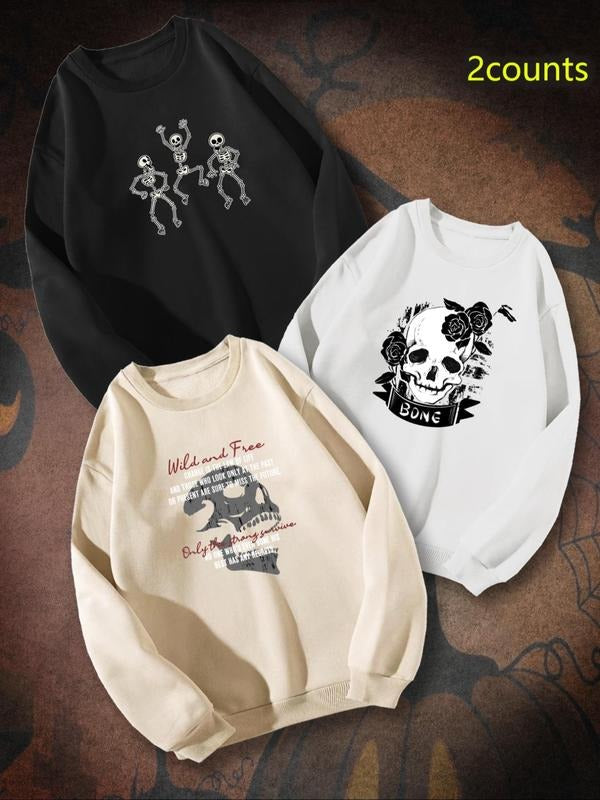 Unisex Men's Skeleton & Letter Print Drop Shoulder Sweatshirt, Regular Fit Casual Long Sleeve Round Neck Pullover for...