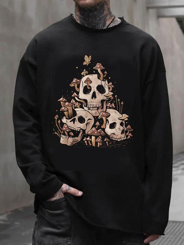 Unisex Men's Skull & Mushroom Print Drop Shoulder Sweatshirt, Regular Fit Casual Soft Comfy Long Sleeve Round Neck...
