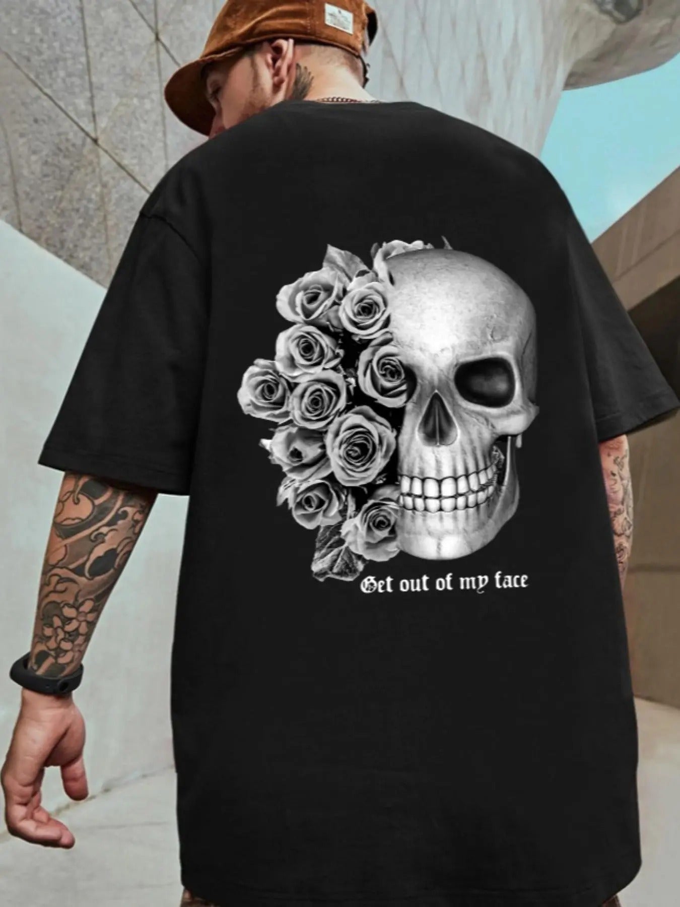 Unisex Men's Skull & Rose Print Drop Shoulder Tee, Street Fashion Casual Letter Graphic Half Sleeve Round Neck T-Shirt...