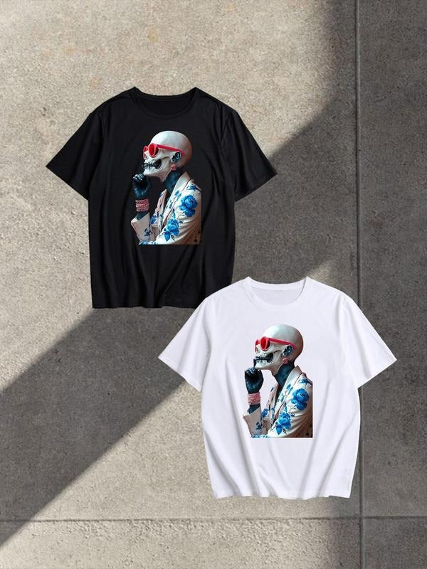 Unisex Men's Skull Print Round Neck Tee, Loose Street Fashion Casual Short Sleeve T-shirt for Daily Wear, Men's Summer...