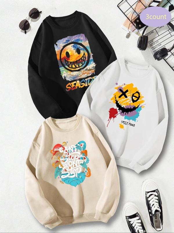 Unisex Men's Smile Face Print Drop Shoulder Sweatshirt, Regular Fit Casual Soft Comfy Graphic Long Sleeve Round Neck...