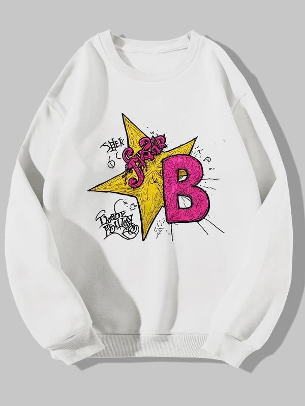 Unisex Men's Star & Letter Print Drop Shoulder Sweatshirt, Regular Fit Casual Soft Comfy Long Sleeve Round Neck Pullover...
