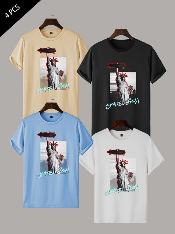 Unisex Men's Statue Of Liberty Print Round Neck Tee, Regular Fit Casual Short Sleeve T-shirt, Men's Summer Top for Daily...