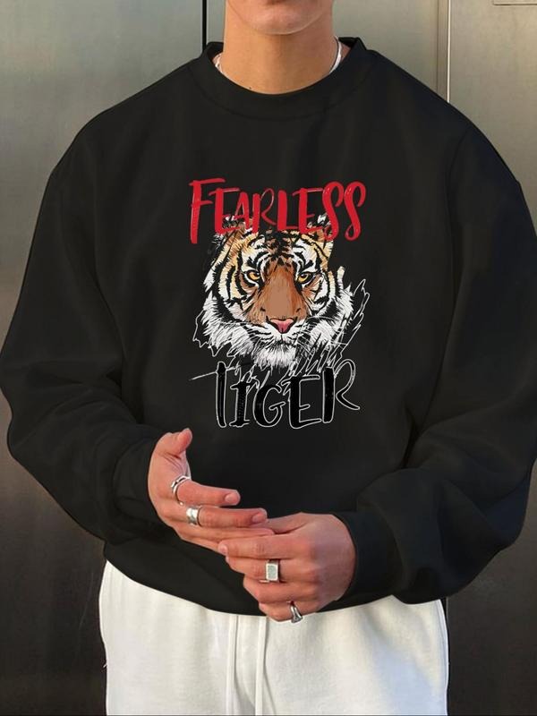 Unisex Men's Tiger Graphic Print Round Neck Essentials Sweatshirt, Regular Fit Casual Long Sleeve Pullover for Spring &...