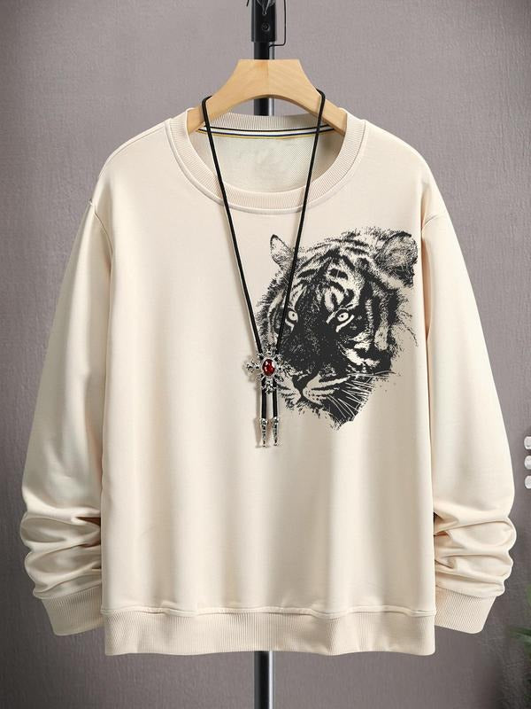 Unisex Men's Tiger Print Essentials Sweatshirt without Necklace, Round Neck Long Sleeve Pullover Top, Casual Cozy Printed...