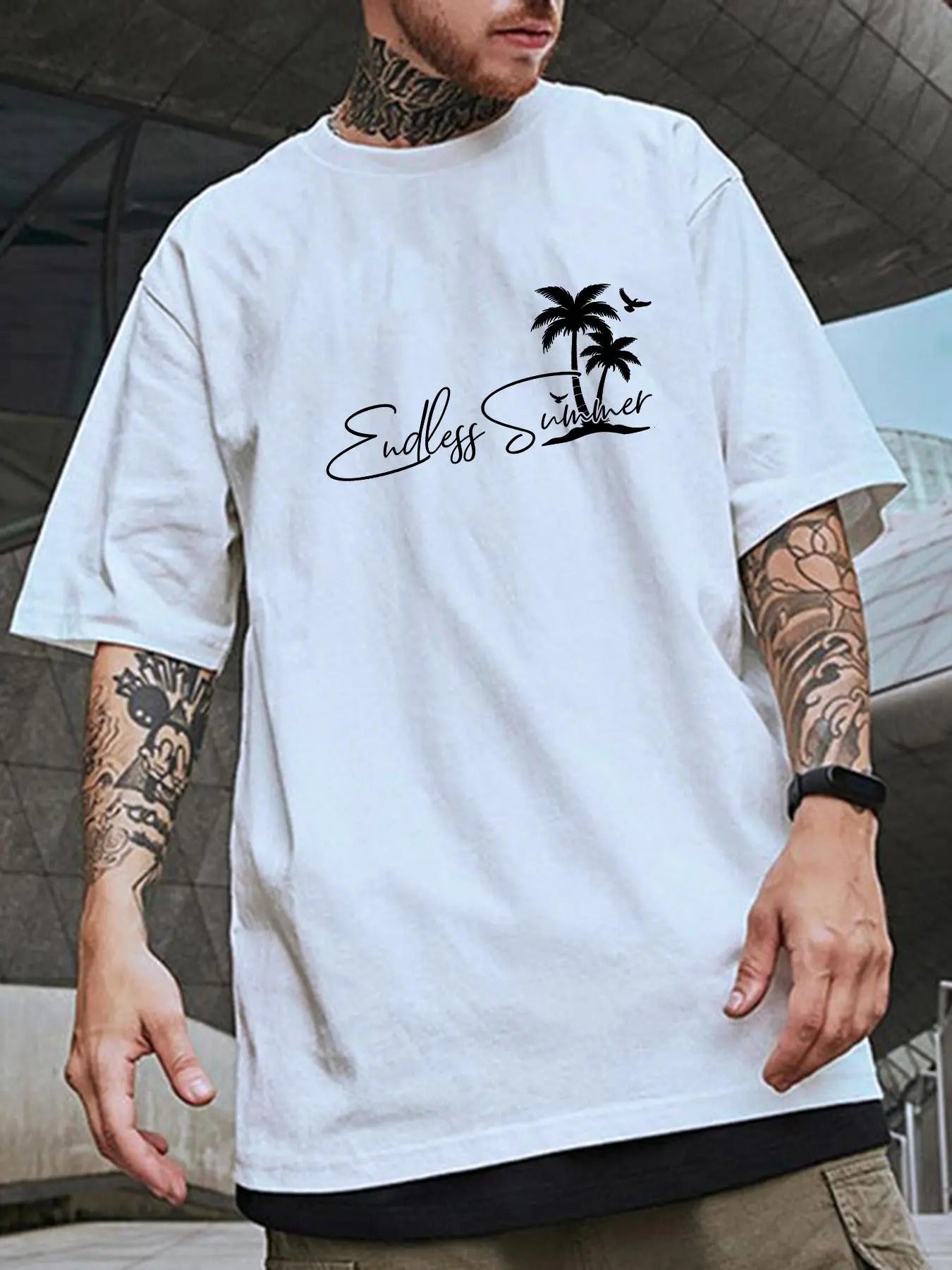 Unisex Men's Tropical Print Letter Short Sleeve Graphic Tee, Loose Casual Comfy Round Neck T-shirt for Daily Wear, Men's...