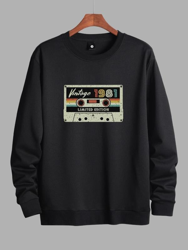 Unisex Men's Vintage Graphic Print Black Crew Neck Sweatshirt, Trendy Essentials Hoodie For School Daily Wear Boyfriend...