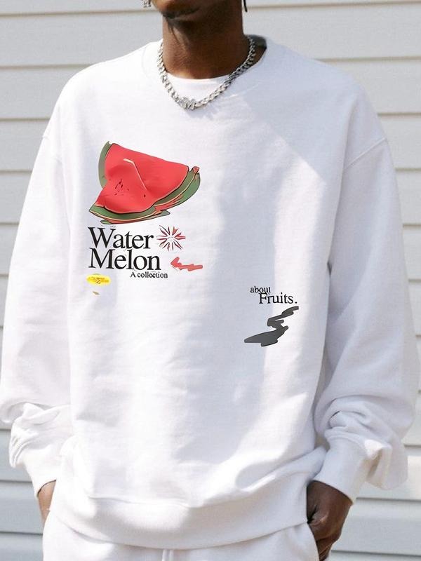 Unisex Men's Watermelon Print Drop Shoulder Sweatshirt, Regular Fit Casual Long Sleeve Round Neck Pullover for Fall &...