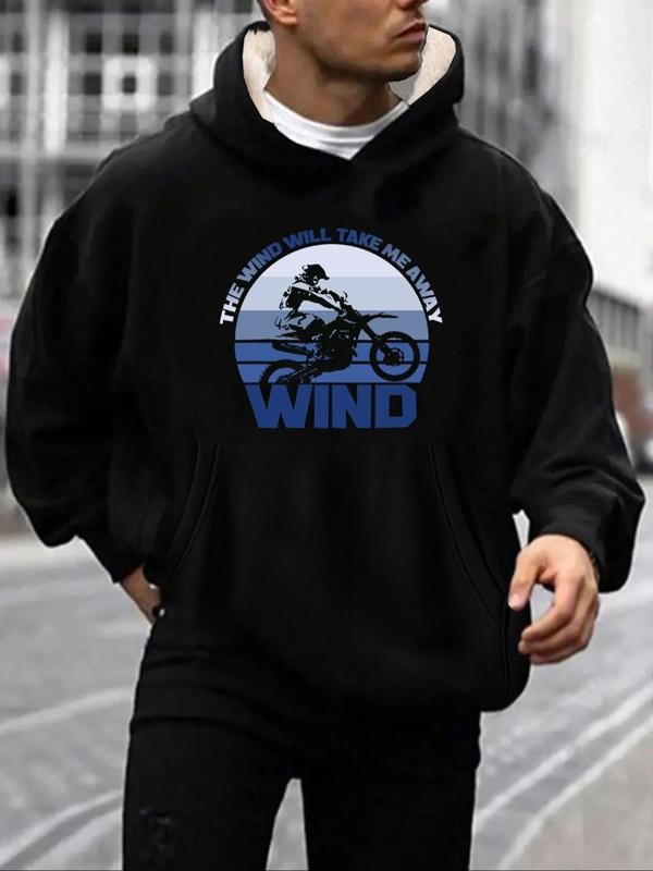 Unisex Motorcycle & Letter Print Drop Shoulder Hoodie, Casual Regular Fit Long Sleeve Hooded Sweatshirt for Fall &...