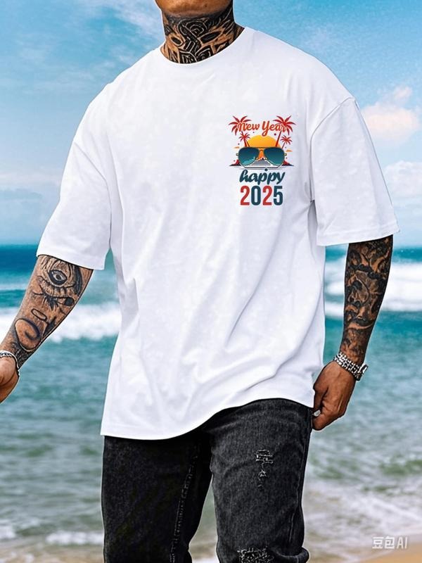 Unisex New Year Themed Landscape Graphic Print Drop Shoulder Crew Neck Tee, Loose Casual Comfy Short Sleeve Round Neck...