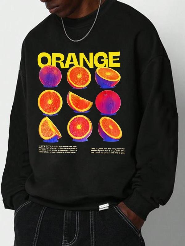 Unisex Orange Graphic Print Drop Shoulder Sweatshirt, Regular Fit Casual Long Sleeve Round Neck Pullover for Fall &...