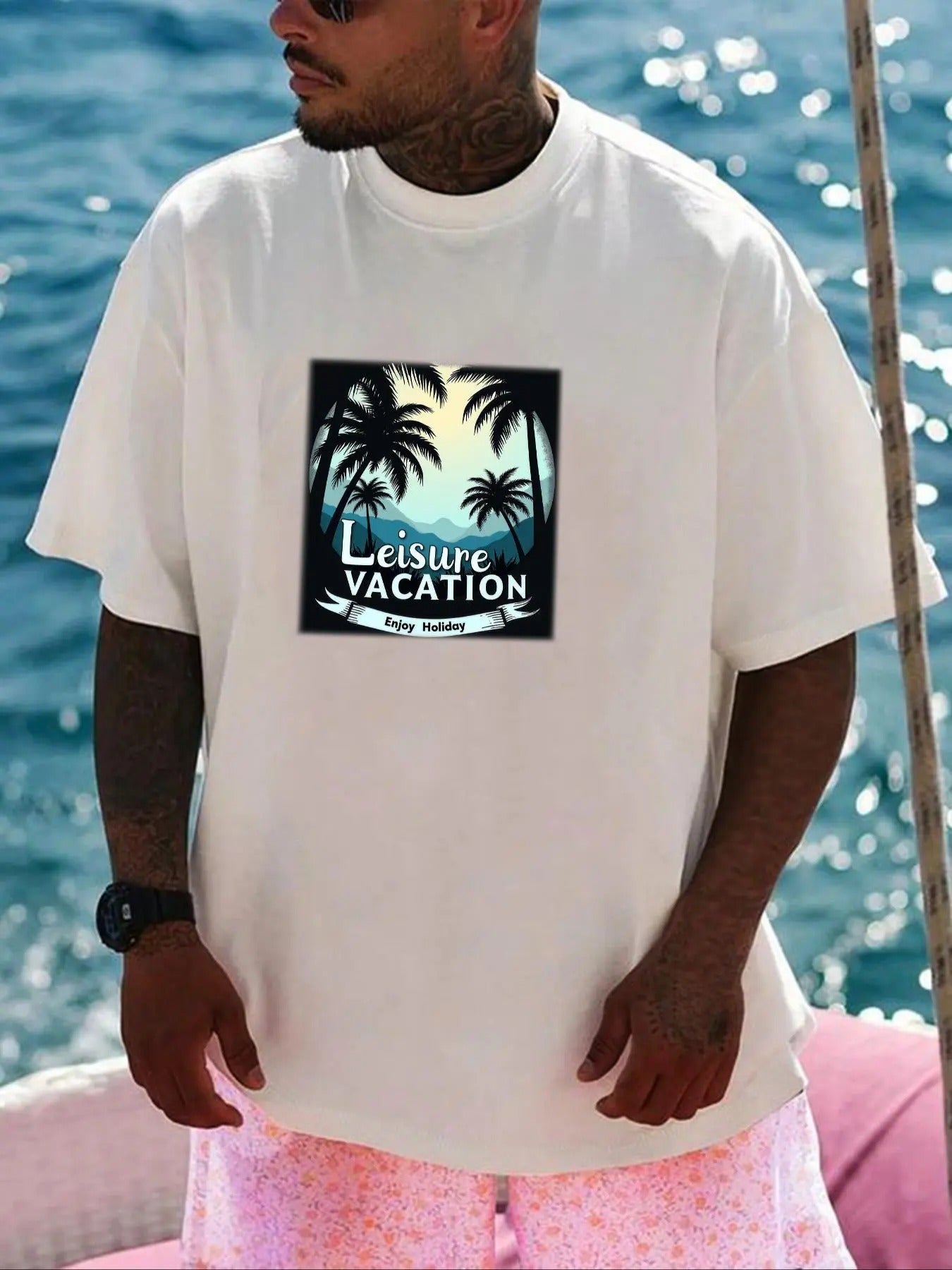 Unisex Palm Tree & Leisure Vacation Slogan Print Short Sleeve Crew Neck Tee, Loose Casual Comfy Round Neck  T-shirt for...