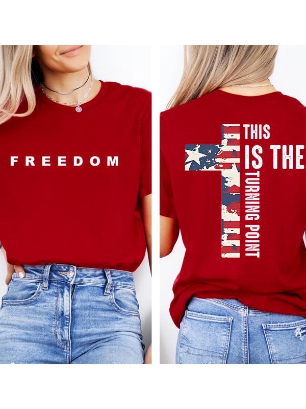 Unisex Patriotic Theme T-Shirt, Vintage American Flag Cross Design, Comfortable Casual Street Style, All-Season Wear,...