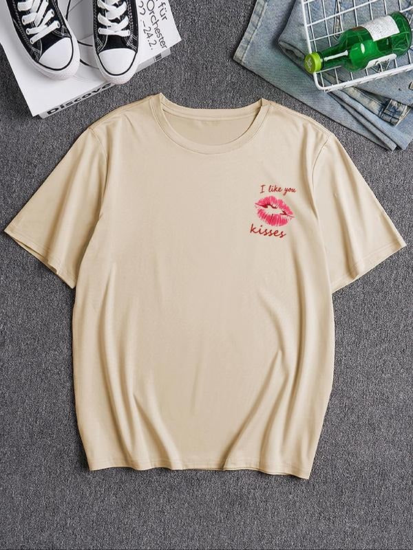 Unisex Red Lips & Slogan Print Round Neck Tee, Loose Casual Comfy Short Sleeve Crew Neck T-shirt for Daily Wear, Men's...