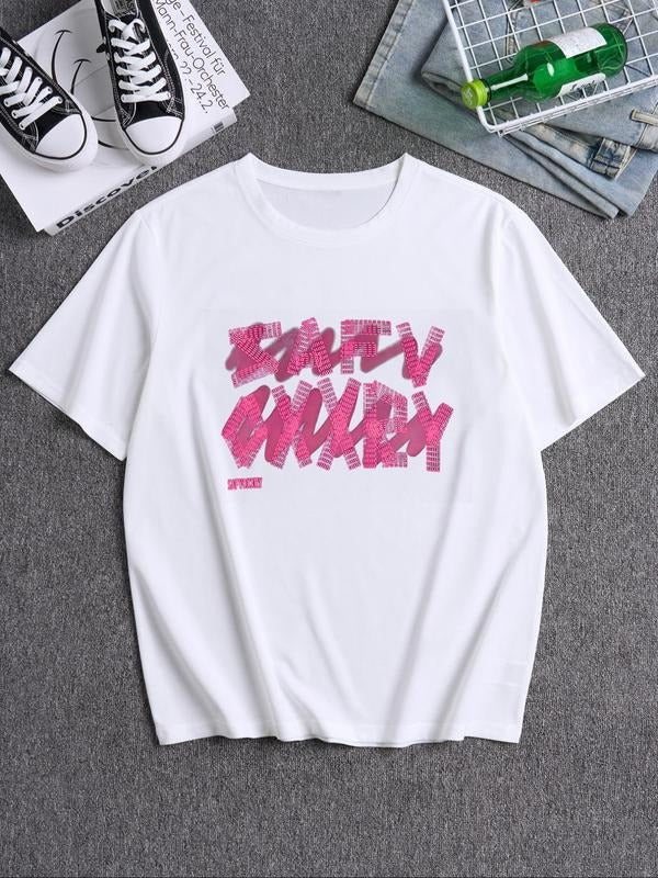 Unisex Retro Street Style Graffiti Letters Print Drop Shoulder Crew Neck Tee, Loose Casual Street Fashion Short Sleeve...