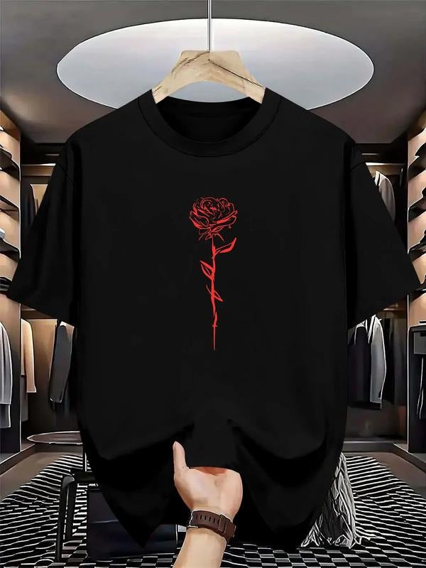 Unisex Rose Pattern Streetwear Short Sleeve T-Shirt, Loose Comfortable Casual Sportswear, Plant Print Tee, Casual Comfy...