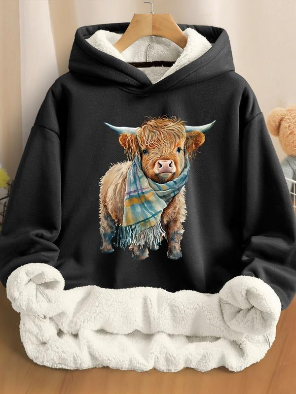 Unisex Scottish Highland Cow Fleece Hoodie, Warm Winter Pullover, Cute Animal Design, Casual Outdoor Wear for Men and...