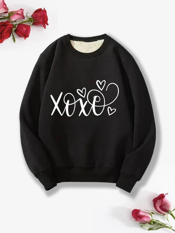 Unisex Sherpa Lined Valentine's Day Themed Heart & Letter Print Round Neck Sweatshirt, Thick Thermal Warm Regular Fit...