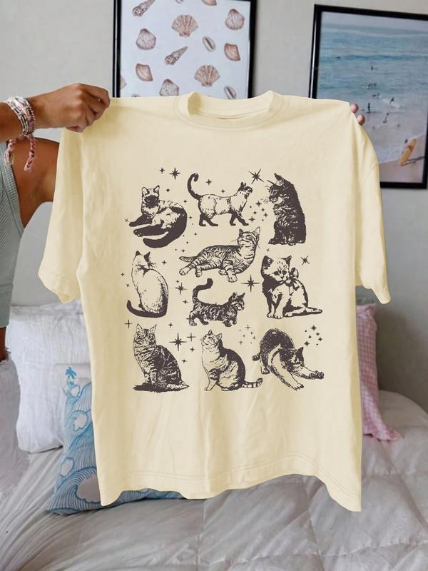 Unisex Soft Short Sleeve T-Shirt with Cute Multi-Pose Cat and Star Print, Vintage Style Tee for Cat Lovers and Casual...