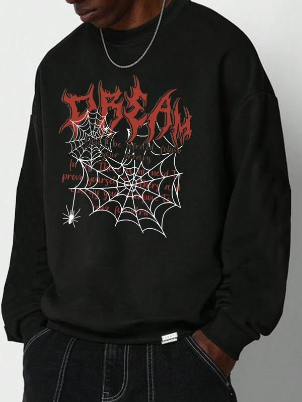 Unisex Spider Web & Letter Print Drop Shoulder Sweatshirt, Regular Fit Casual Street Soft Comfy Long Sleeve Round Neck...