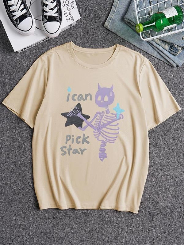 Unisex Street Style Skull & Star Graphic Print Drop Shoulder Tee, Loose Casual Street Fashion Short Sleeve Round Neck...