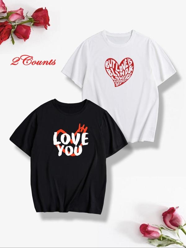 Unisex Valentine's Day Themed Heart & Slogan Print Round Neck Tee, Loose-Fitting Casual Short Sleeve Crew Neck T-Shirt...