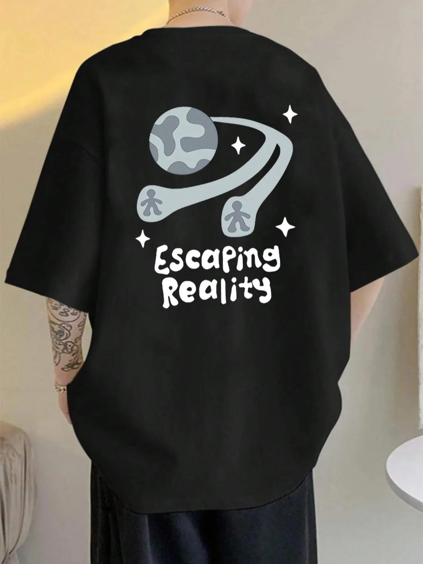 Unisex Y2K Style Cartoon Graphic & ESCAPING REALITY Letter Print Round Neck Tee, Regular Fit Casual Drop Shoulder Short...