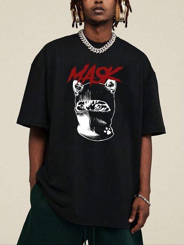 Unisex's Cartoon Cat & Letter Print Drop Shoulder Tee, Loose Street Fashion Soft Comfy Round Neck Short Sleeve T-shirt...